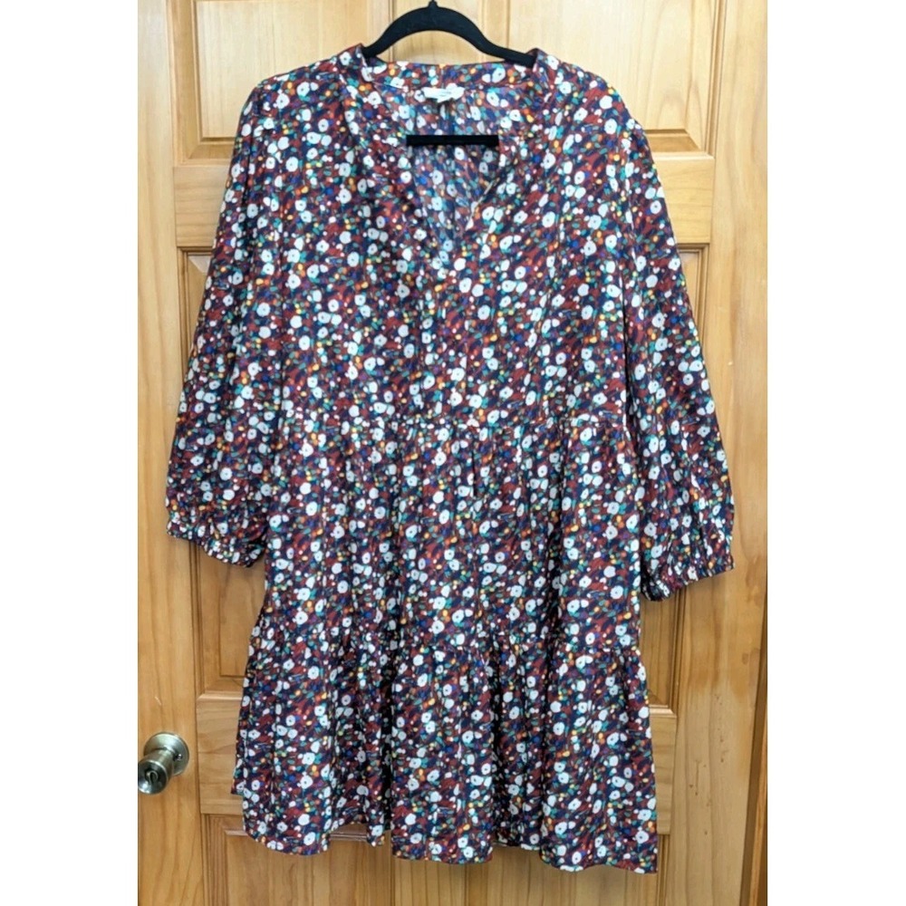 Entro Women's XL Dress Fully Lined Long Sleeves Ruffle Hem V Neck Collar Stand